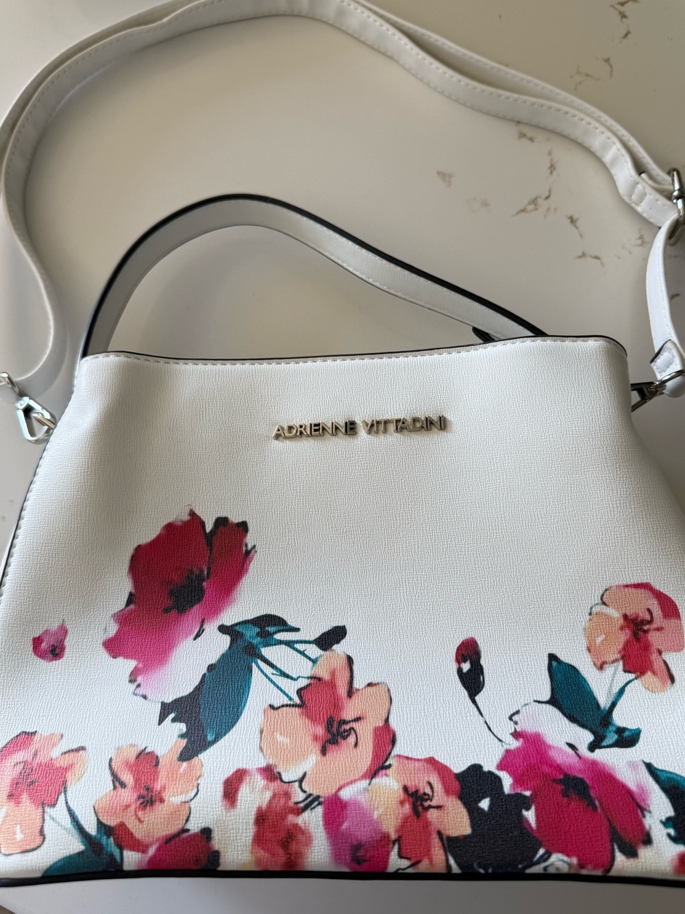 Adrienne Vittadini White Floral Shoulder Bag with Pink & Teal Accents